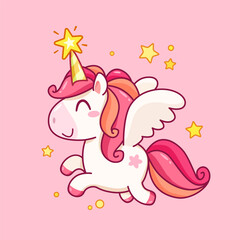 Cute Baby Unicorn with wings. Cartoon Unicorn with pink hair and  star on the horn. Funny Baby Pony for kids print design on tee shirt or pajamas