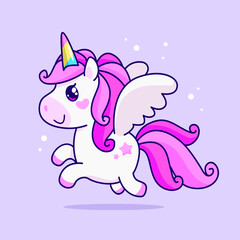 Baby Unicorn with wings. Cartoon Unicorn with piurple hair and  rainbow horn. Baby Pony for kids print design on tee shirt or pajamas