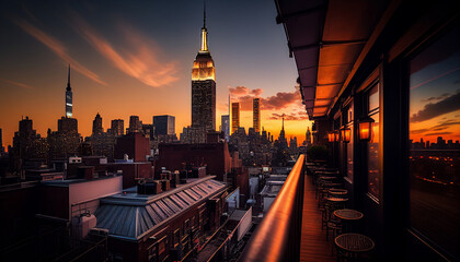 New York City Sky Line From a Roof Top Bar At sunset. Generative AI