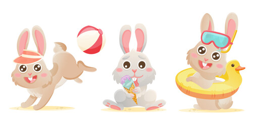 Bunny characters on beach. Summer sea holidays. Rubber ring, glasses, ball, visor hat, ice cream.