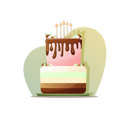 Cartoon birthday cake illustration. Modern cake with chocolate, decorations and candles.