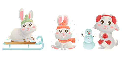 Winter bunny characters. Cute cartoon rabbits playing in winter forest. Sledge, snowman, hat, scarf.