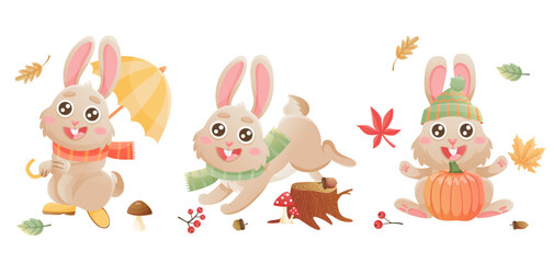 Autumn bunny characters. Cute cartoon rabbits walking in autumn forest. Umbrella, autumn leaves, pumpkin, acorns.