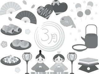 3月の素材セット　グレースケール