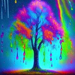 Oil painting artistic image of solitary tree in a field with multicolor neon rain drops falling, tree being struck by neon lightning bolt - generative ai