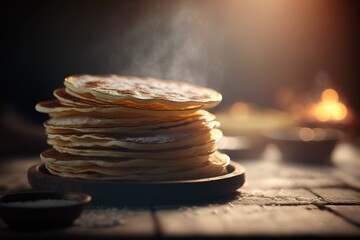 Home cooking pancake stack for Shrovetide holiday, family day, pancakes with syrup and honey on soda, sunshine, homemade. Generative AI - obrazy, fototapety, plakaty