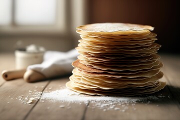 Fototapeta na wymiar Home cooking pancake stack for Shrovetide holiday, family day, pancakes with syrup and honey on soda, sunshine, homemade. Generative AI