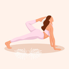 beautiful girl is doing yoga.Upward Facing Dog.Urdhva Mukha Svanasana.Beige colors.post,print.flat vector illustration