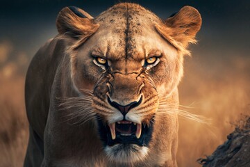 Naklejka na ściany i meble Lioness in Africa savannah. Generative AI