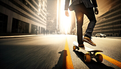 Goodday or happy concepts with work with businessman wearing suit play skateboard on the road wall street.Generative ai technology
