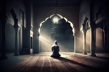 a muslim man praying in mosque, ramdan, islamic background, Generative AI