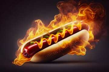 Burning juicy tasty hot dog. Generative AI