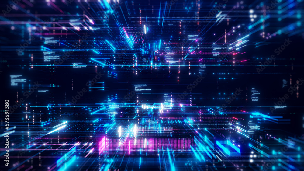 Leinwandbilder Abstract concept of digital technology Small particles connected in multicolored lines glow on a dark blue background. Data transmission on a fast internet network connection.