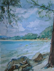 Thailand blue coast in summer, watercolor illustration 