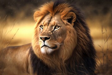 Naklejka premium Lion in Africa closeup. Generative AI