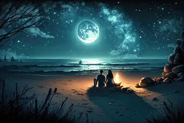 Couple sitting together enjoying the romantic view of the moonlight at a beautiful beach Generative AI