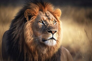 Lion in Africa closeup. Generative AI