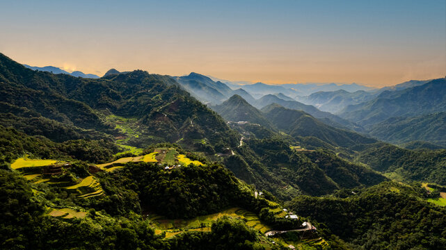 aerial panoramic photography of rice terraces with rain forest in batad, luzon island, philippines. mountain landscape. copy space