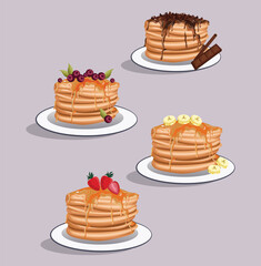 Cartoon pancakes. Stacks of tasty pancakes with butter, chocolate syrup and fruits  