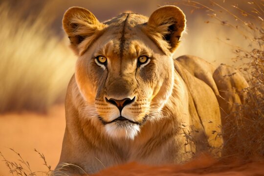 Lioness in Africa savannah. Generative AI