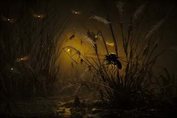 Insects in the wet forest at night Generative AI