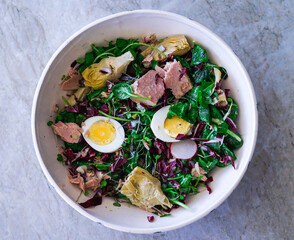 Keto Healthy Tuna Salad. Lunch on Marble Background.