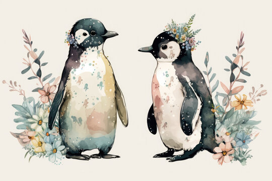 Watercolor cute penguins couple with flowers. Cartoon animal portrait design. Spring holiday card. Love, friendship concept. Generative AI