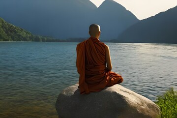Buddhist Monk Meditates Near A Lake. Artwork. Generative AI - obrazy, fototapety, plakaty