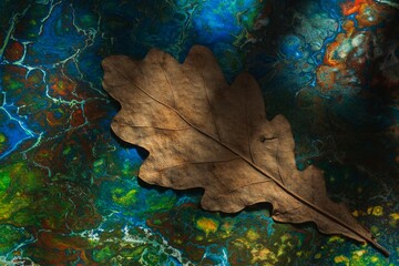 Fototapeta na wymiar Fluid art - autumn oak leaf. Abstraction on a dark background