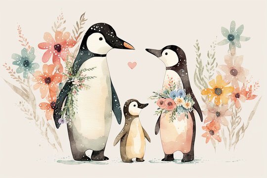 Watercolor cute penguins family with flowers. Cartoon animal portrait design. Spring holiday card. Love, family concept. Generative AI