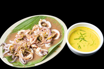 close up view grilled squid with sauce. concept asian food.