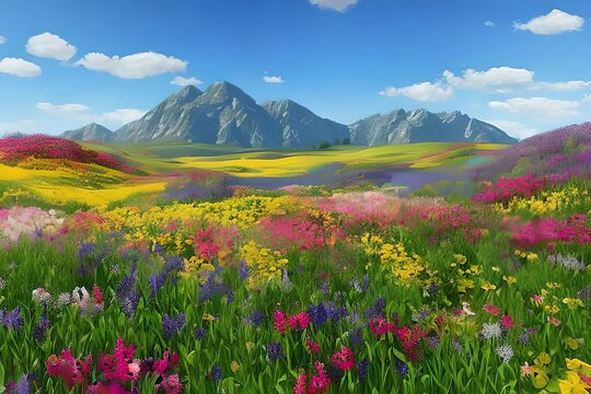 Colorful Flower Meadow In Spring. Generative AI