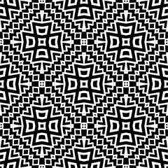 Obraz premium Vector geometric seamless pattern. Minimal ornamental background with abstract shapes. Black and white texture. Simple abstract ornament background. Dark repeat design for decor, fabric, cloth.