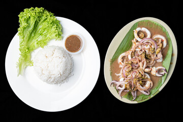 close up view grilled squid with sauce and rice.