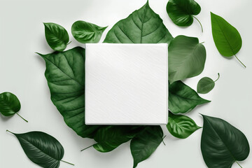 Creative layout made of eco green leaves and empty white box, cosmetic products, mockup on texture background with copy space, Nature spring concept, AI generative