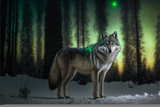 wolf in a snowy forest with the northern lights