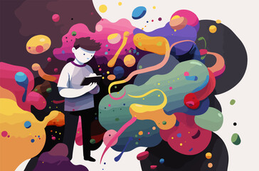 In this illustration, a young boy is seen standing in a vibrant, neon-colored digital world. He is interacting with his digital device, which is emitting all sorts of shapes and symbols. 