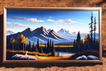 Obraz premium oil painting brush stroke, rocky mountain in background. foreground entire deer small on left, trees on right - generative ai 