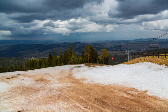 Beautiful view from Tornik mountain peak in Zlatibot, Serbia. Early spring in the mountains still covered with snow