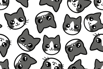 Cat vector pattern with cat faces. Seamless print illustration for children.