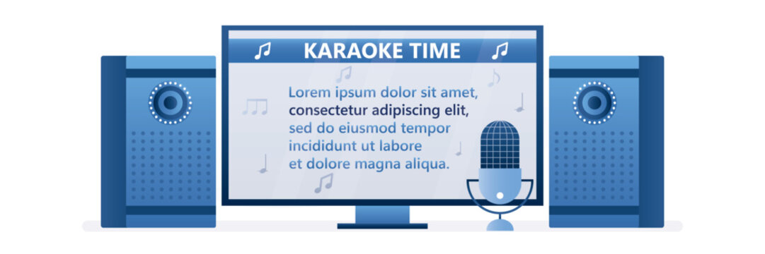 TV screen or monitor with song lyrics. Karaoke time. Microphone, large music speakers play music loudly. Home party, weekend or holiday entertainment.