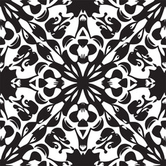 Vintage floral wallpaper with ornamental patterns in black and white adds a touch of old-world luxury and style to any room. The intricate tile-like design features textured circles