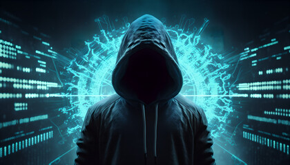 Cyber hacker in hoodie on glowing background. Generative AI