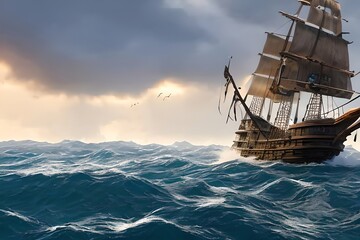 Pirate Ship Sailing At Storm On The Sea. Generative AI