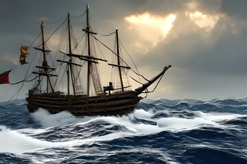 Obraz premium Pirate Ship Sailing At Storm On The Sea. Generative AI