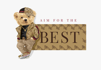 Obraz na płótnie Canvas best slogan with bear doll in matching fashion style vector illustration