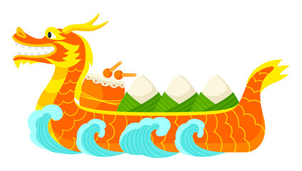 Wrapped rice dumplings in boat. Duanwu holiday. Chinese Dragon Boat Festival traditional food.