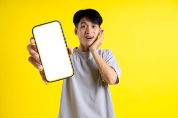 image of a handsome young man using his phone and posing on a yellow background
