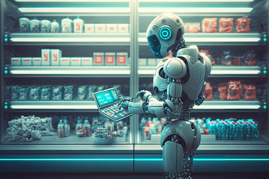 android robot shopping in futuristic shop and collects products, generative ai