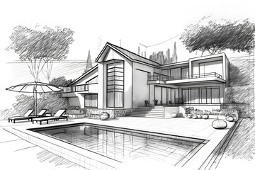 Sketch of building design of modern family house, architectural plan